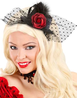 Svart Minihatt med Blonder & Rød Rose