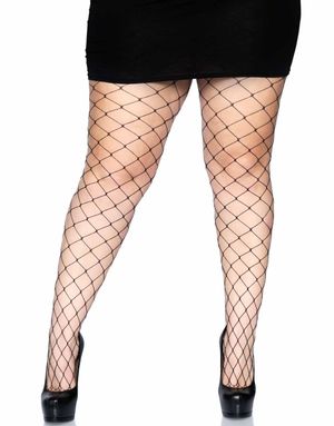 Svart Nettingstrømpebukse med Store Diamantruter - Plus Size